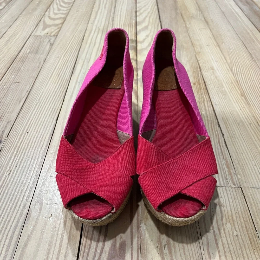 Tory Burch Filipa Espadrille Wedges Womens 8 Pink Red Canvas Peep Toe  Platform
